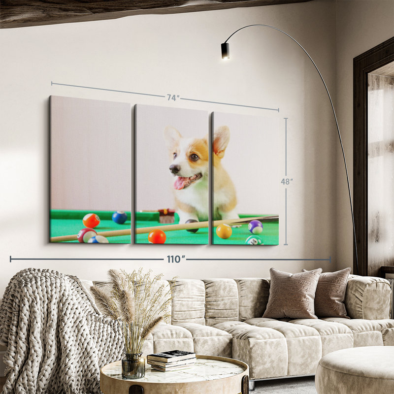«Dog jouant au billard» sur toile, H 48 po x l 74 po x P 1,25 po