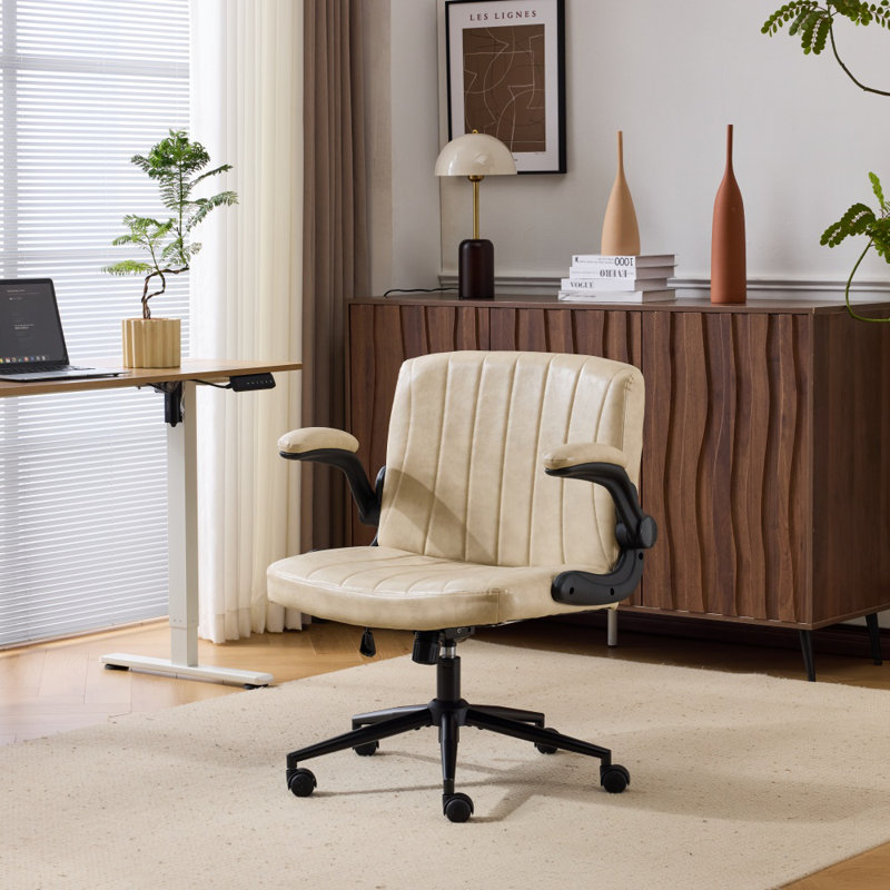 Oil-Waxed Leather Swivel Chair With Flip-Up Armrests, Ivory