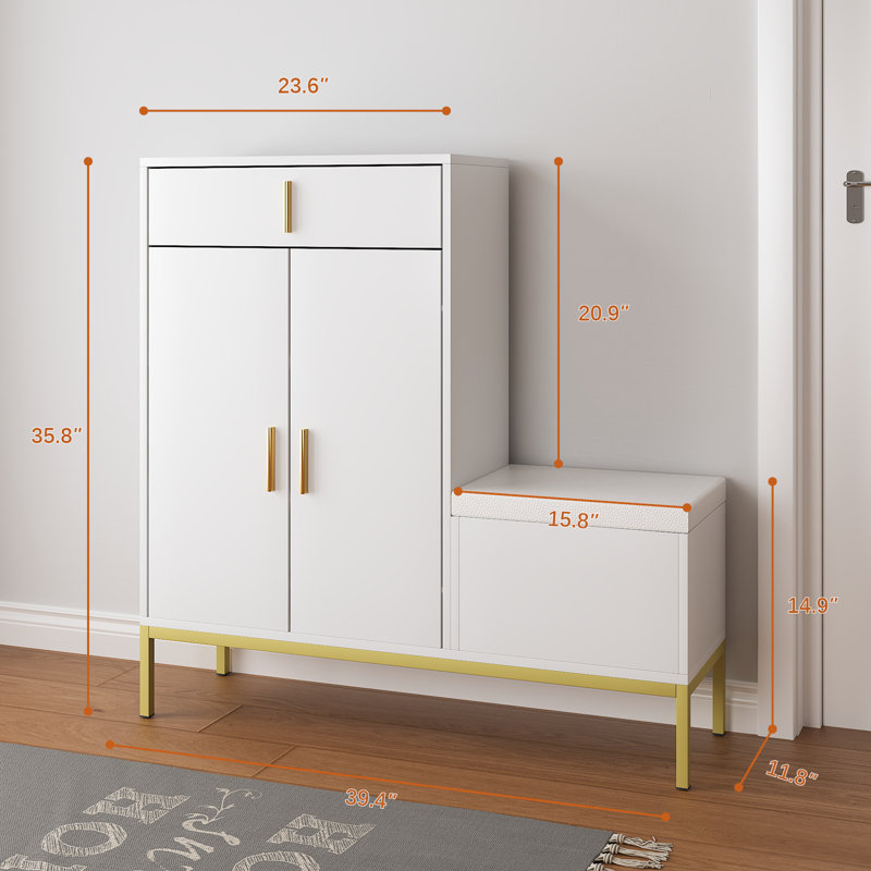 Armoire de rangement pour chaussures moderne avec banc intégré, 2 portes, tiroir et siège relevable