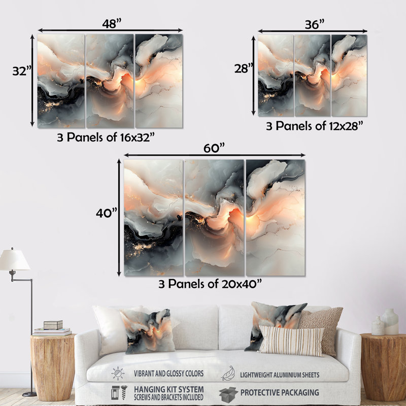 «Abstract Geode Grey Marble River Shape II», ensemble d'art mural mural en marbre, H 28 po x l 36 po x P 1 po, Métal métal
