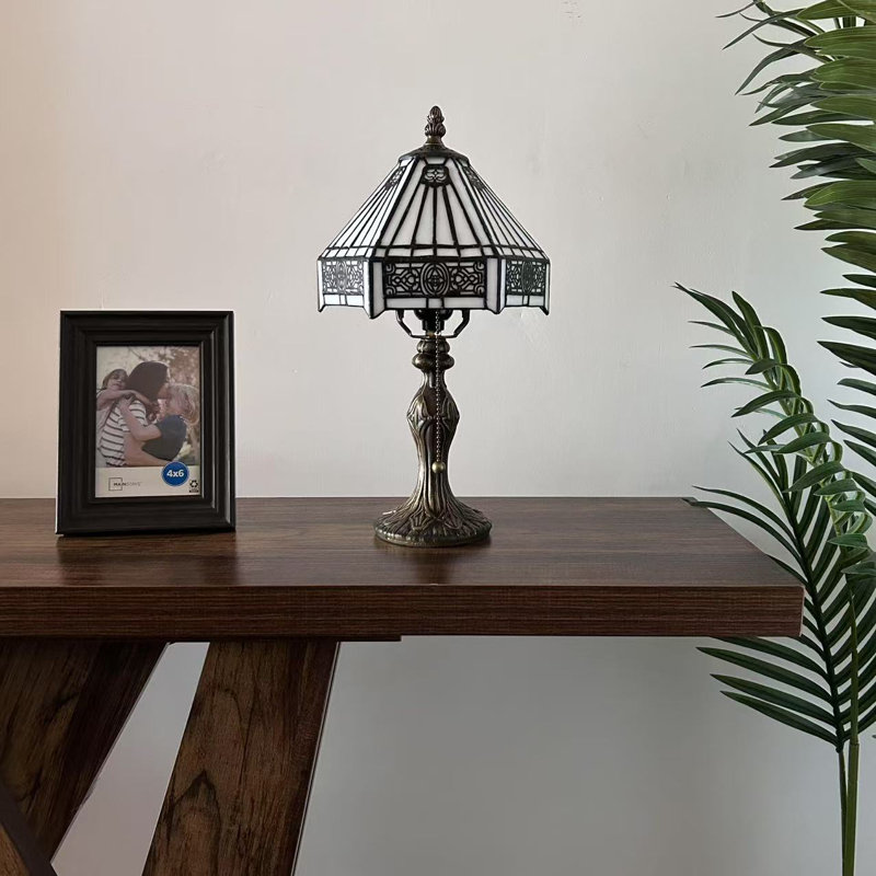 Hartle Tiffany Mini Table Lamp White Hexagon Stained Glass LED Bulb Included 8"W*8"D*15"H