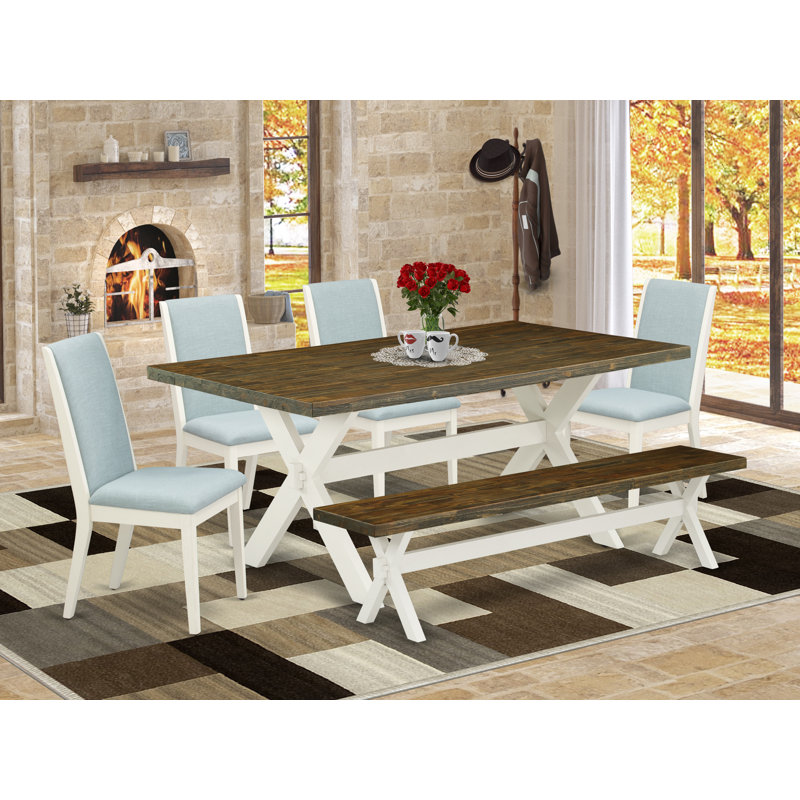 Bonelli 6 - Person Solid Wood Top Trestle Dining Set, Baby Blue, Distressed Jacobean