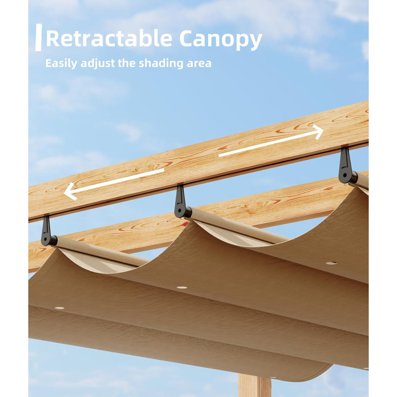 10x10 Retractable Pergola Aluminum Outdoor Pergola with Faux Wood Finish Retractable Canopy for Patio or Deck or Garden or Beach or Pavilion Wood and Khaki