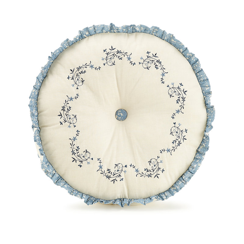 Charlotte 14'' Round Embroidered Blue and White Decorative Pillow