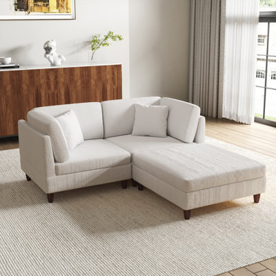Canapé modulaire rembourré 3 pièces en velours côtelé beige avec dossier et repose-pieds amovible