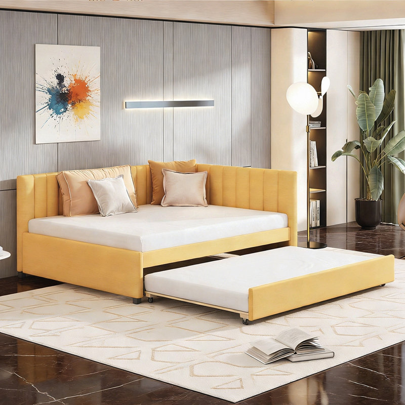 Linen Upholstered Daybed with Trundle, No Box Spring Needed, Space-Saving and Durable Sofa Bed Frame, Yellow