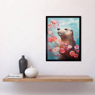 Otter With A Pink Cherry Blossom - Single Picture Frame Print