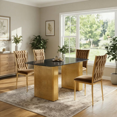 Ensemble de table de salle à manger rectangulaire en marbre de 55 po pour 4 personnes, ensemble de table de salle à manger moderne en faux marbre avec 4 chaises en velours, ensemble de table de cuisine 5 pièces pour la salle à manger et la cuisine