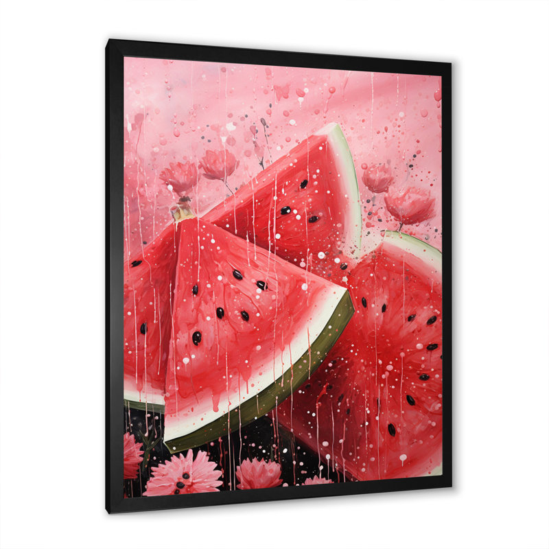 Fruit pastèque rose pointillisme encadré sur toile, Cadre noir, H 20 po x l 12 po x P 1 po