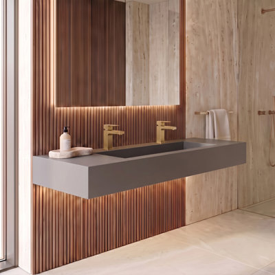 Pyramid 60" Wall Mounted Rectangular Solid Surface Bathroom Trough Sink in Matte Finish - Gray, With Faucet Holes