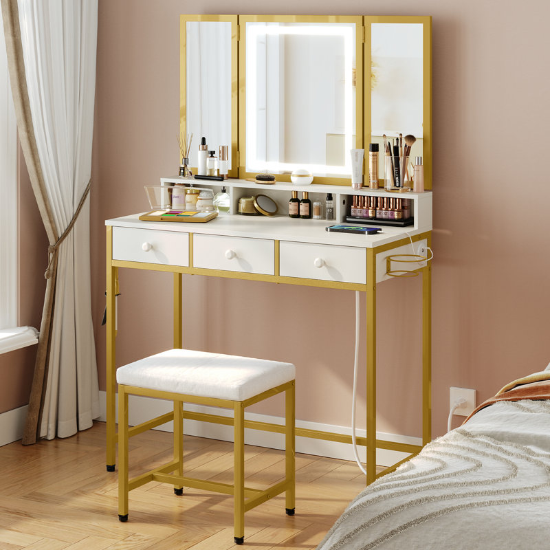 Ensemble de coiffeuse Mork avec miroir lumineux à DEL et prise de courant, Blanc / doré