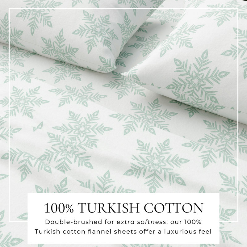 Ensemble de draps 100% flanelle d'hiver en coton turc, Flocon de neige - blanc simple, Grand avec deux taies d'oreiller