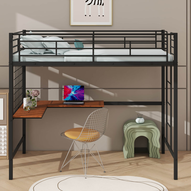 Lit mezzanine simple en métal avec bureau intégré et structure en grille métallique, y compris une échelle, Noir