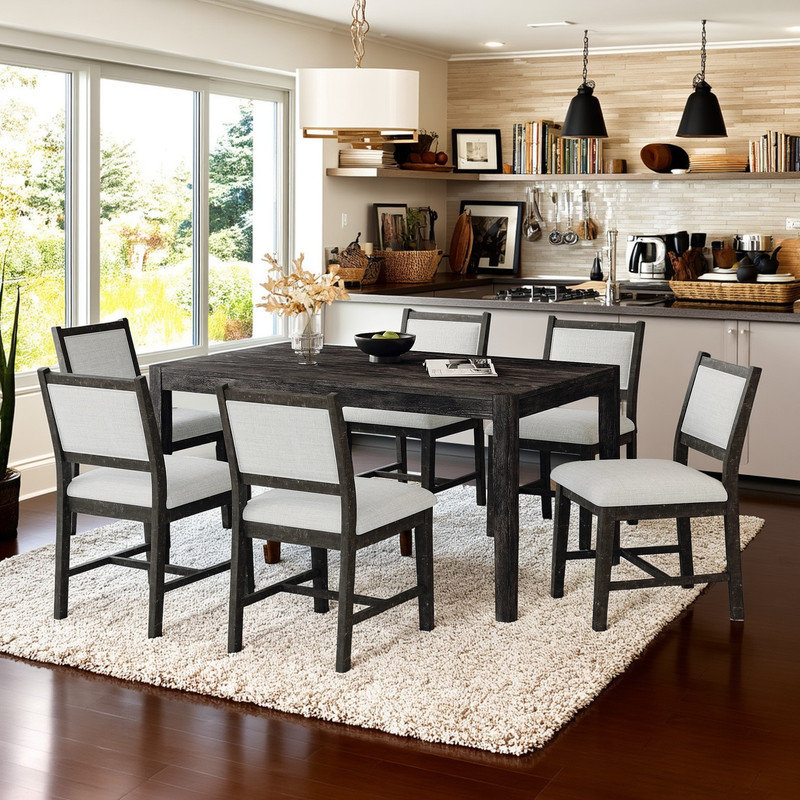 Ensemble de salle à manger 7 pièces pour 7 personnes, table rectangulaire en bois avec chaises rembourrées pour la salle à manger