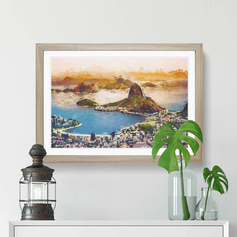 Skyline of Rio De Janeiro in Brazil in Abstract - Picture Frame Graphic Art Print, 48cm H x 65cm W x 2cm D, Oak Framed