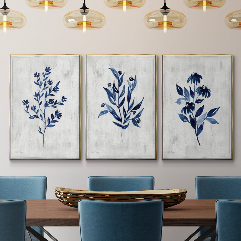Wild Indigo I, reproduction sur toile 3 pièces, H 36 po x l 72 po x P 2 po, Or