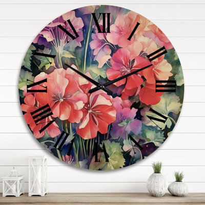Horloge murale corail vert avec géraniums