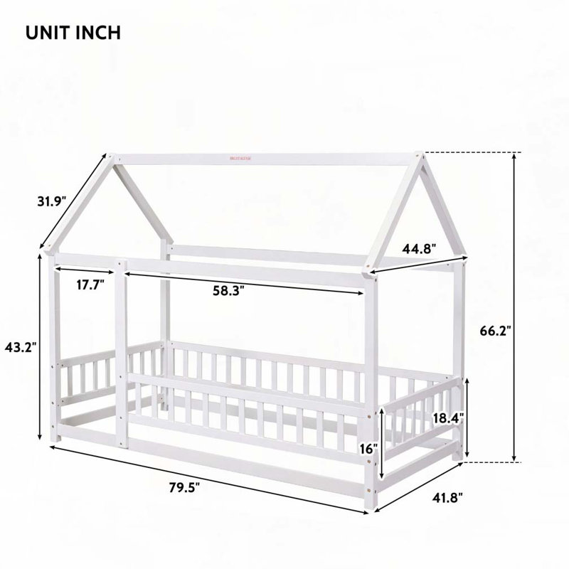 Lit de plancher en bois avec cadre de toit de maison, Lit simple, Blanc