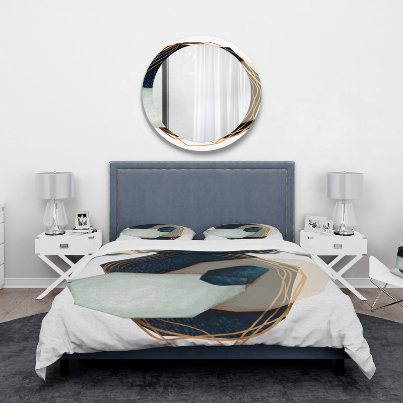 Ensemble de housse de couette moderne géométrique minimaliste en bleu et brun III - microfibre de polyester