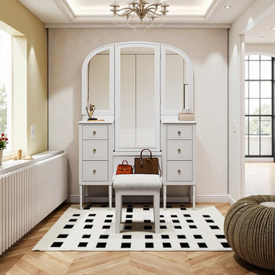 Ensemble de meuble-lavabo antique 47 pouces avec miroir triple, coiffeuse 6 tiroirs et tabouret pour chambre