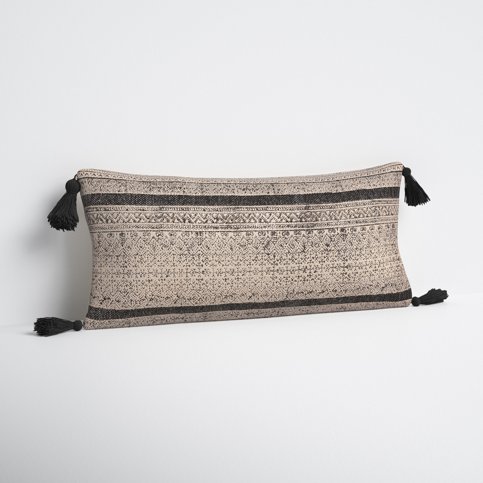 Zetta Tassels Cotton Lumbar Throw Pillow, Polyester/Polyfill, Beige/Black