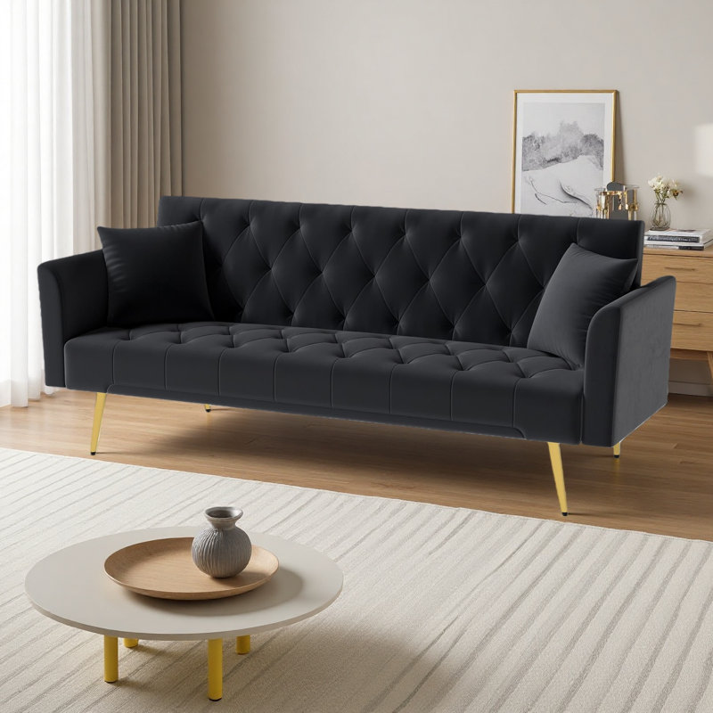 Modern Convertible 72.87 Inch Foldable Sleeper Sofa With Tufted, American Retro Style, Made Of Velvet Material, Black