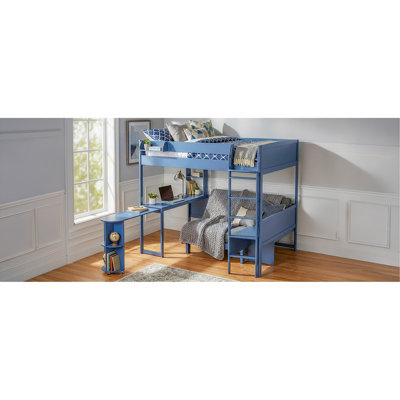 Lit mezzanine double en bois avec bureau, tablette de rangement de chevet, canapé et lumière