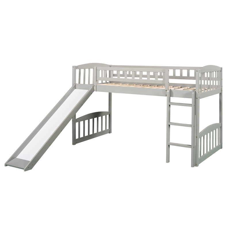 Twin Gray Loft Bed With And Slide - Stylish Comfortable, Clean Appearance, 14 Support Slats, Suitable For 6 + Years Size Ideal Limited Space, Cozy Rest Play Area, Board, Stable On Either Side