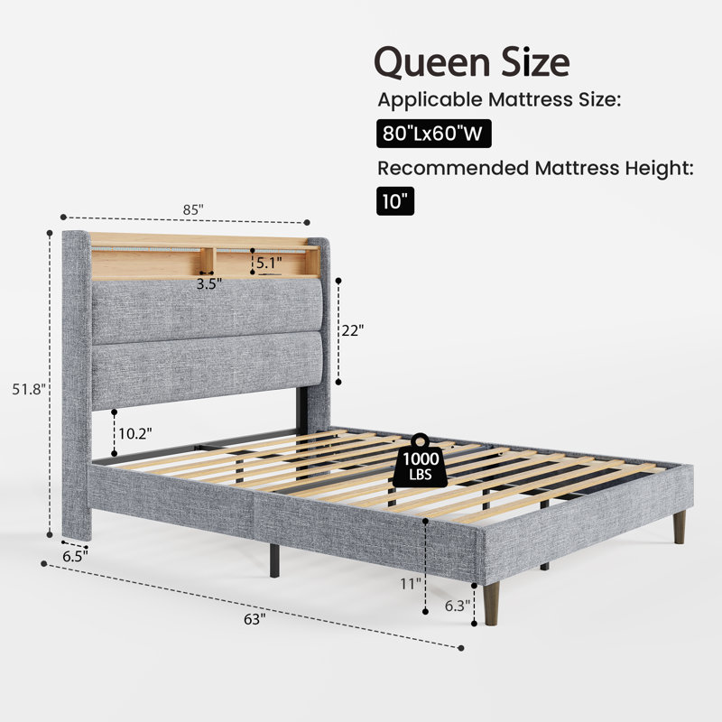 Modern Upholstered Bed Frame with Built-in Bookshelf and RGB LED Lighting, Beige & Gray, Gray, Queen