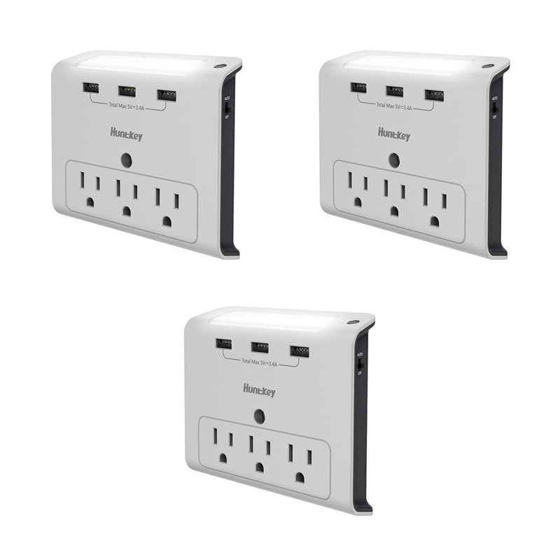 Prise murale Huntkey avec 3 ports USB 2,1 ampères et prises, gris (paquet de 4), Paquet de 3