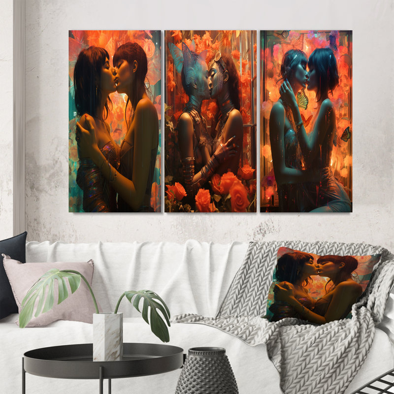«Retro Portrait Of Lovers Kissing», 3 pièces sur toile, Toile tendue, H 20 po x l 36 po