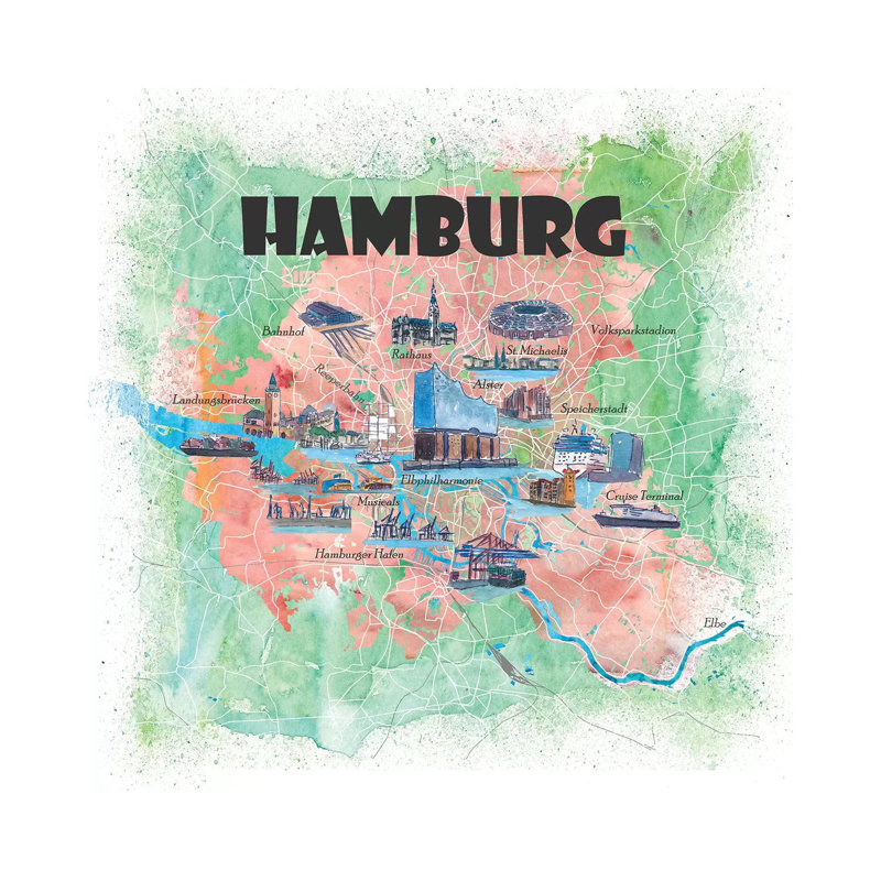 Hamburg Germany Illustrated Map 1 Piece Painting on Canvas, 66.04cm H x 66.04cm W x 3.81cm D, Wrapped Canvas