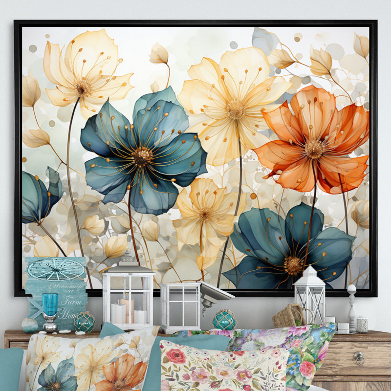 «Teal Orange Petal Mosaics I», art mural abstrait botanique pour le salon, H 30 po x l 40 po, Noir
