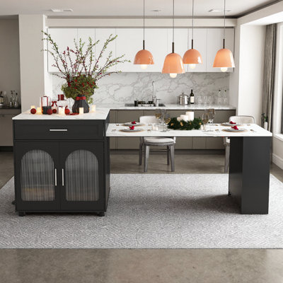Îlot de cuisine à grain de marbre noir extensible avec prise de courant et rangement | Table de salle à manger 80 pouces