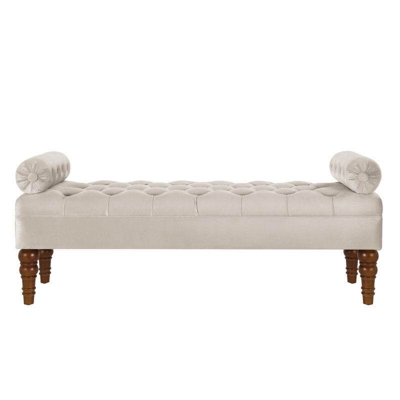 Velvet Button Bench For Bedroom - Wood Construction And   With Storage Buttons Solid, White