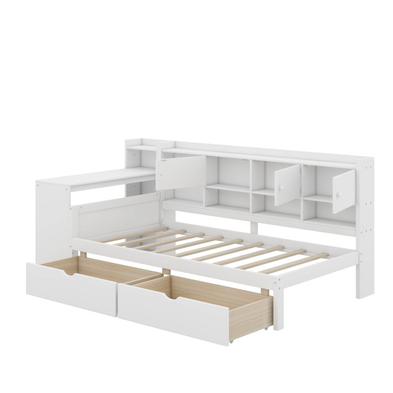 Lit de jour simple en L en bois avec sept armoires de rangement et deux tiroirs de rangement, Lit simple, Blanc