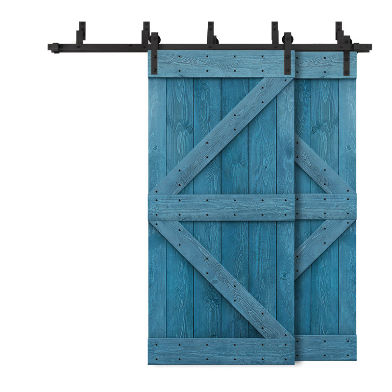 Porte de grange à panneaux et en bois avec quincaillerie d'installation, 40 po x 84 po, Bleu océan