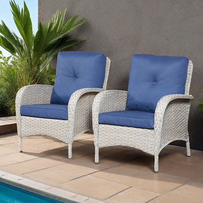 Light Beige 2PCS Wicker Patio Conversation Sectional Seating Set With Blue Cushion