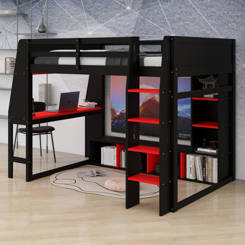 Wood Gaming Loft Bed Featuring Desk, Shelves, LED, And Hanging Rack, Full