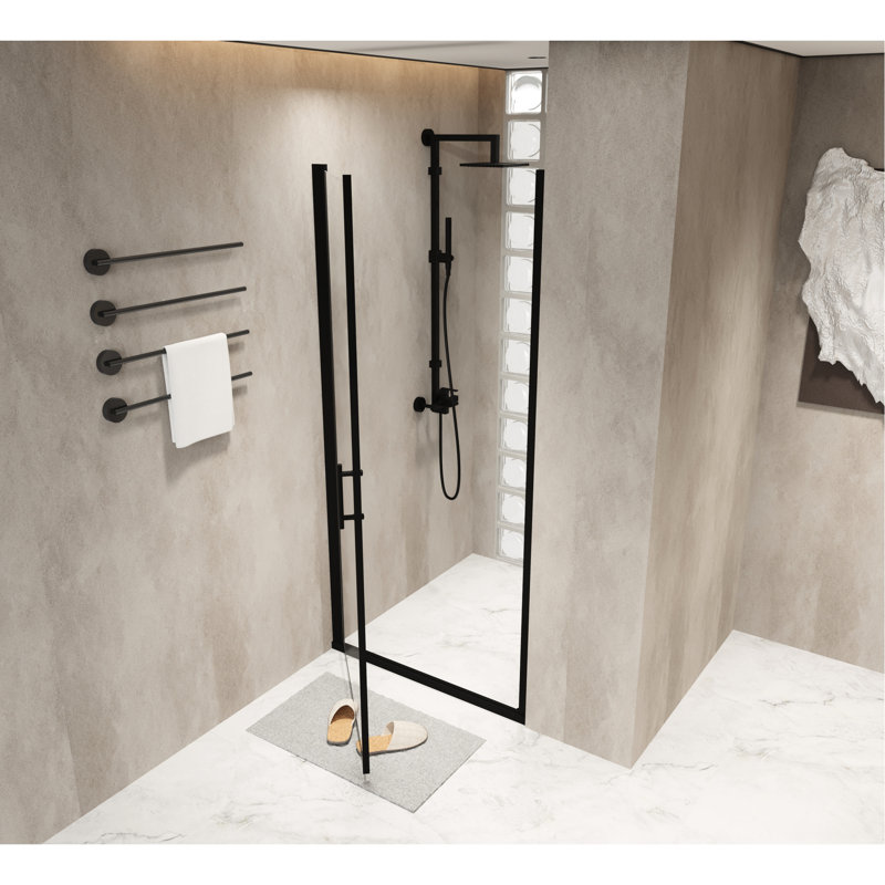 28X72 Inch Shower Door With Pivot Function, Matte Black Aluminum Half Frame, 1/4" Tempered Glass, Film, Practical Water - Blocking, Space Saving Swing For Bathroom Enhancement 6Mm Transparent Proof