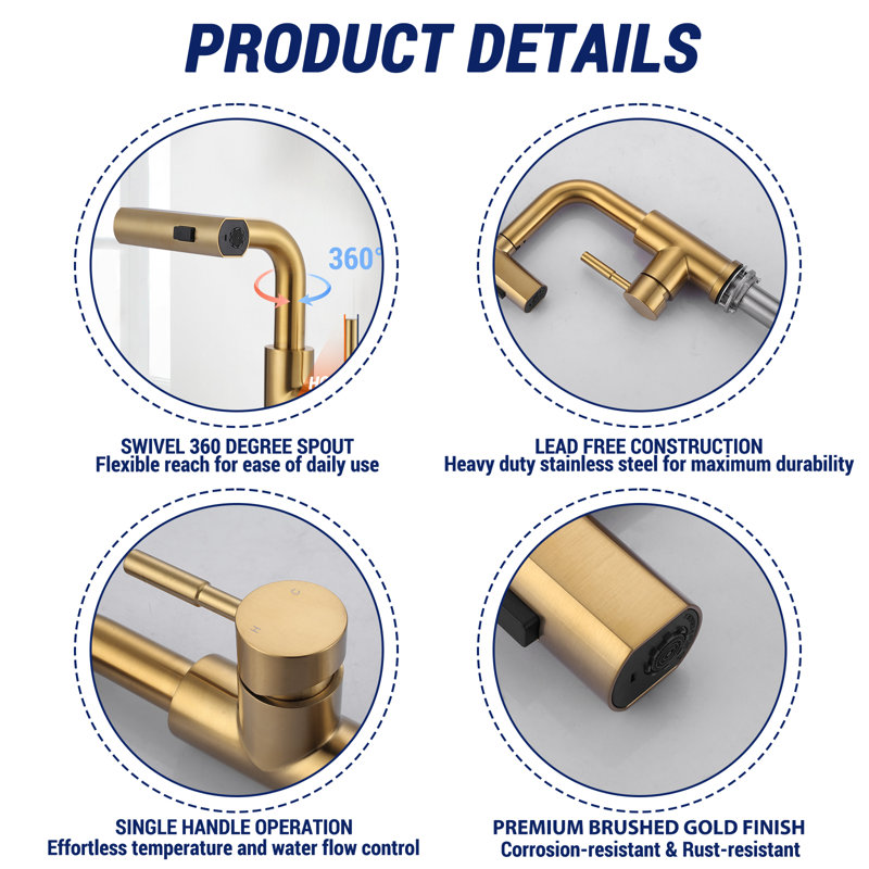 Single Handle Pull Out Kitchen Faucet With Unique 90° Swivel Sprayer Head In Three Function Modes, Gold