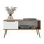 Table basse blanche avec tiroir de rangement et tablette ouverte