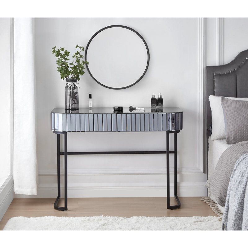Meuble-lavabo à miroir 39 po avec base en acier inoxydable, 2 tiroirs - gris, idéal pour la chambre à coucher et le bureau