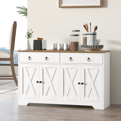 Sideboard With 2 Drawers, Storage Cabinets, 4 Doors, Adjustable Shelves, White, Wood Grain Cabinet Top