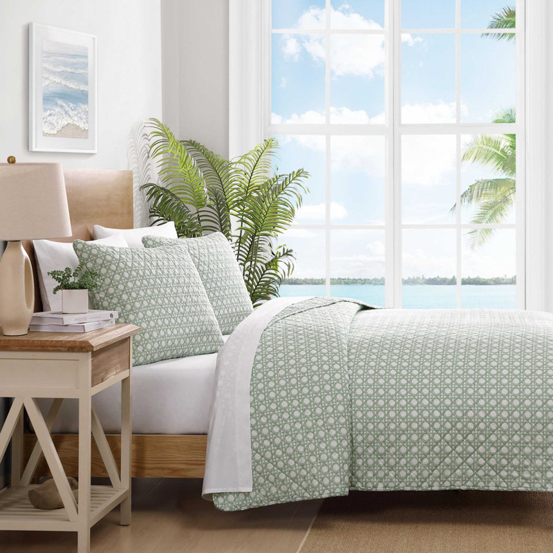 Tommy Bahama Aubrey Cotton Reversible Quilt Set, Green Geometric, King Quilt + 2 King Pillow Shams