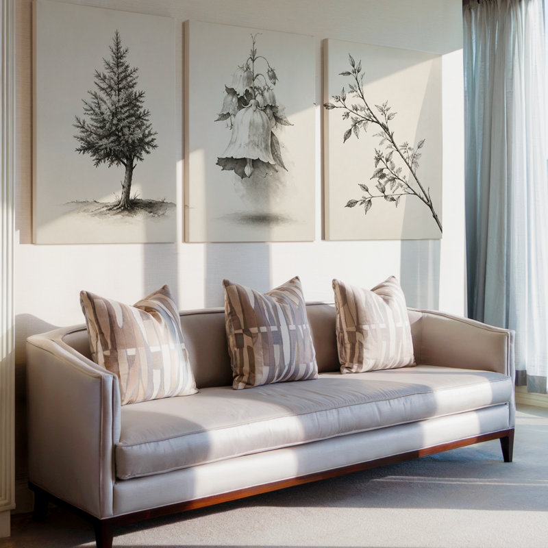 3 pièces d'art mural mural gris et ivoire avec grandes fleurs et branches, 14 x 33 po