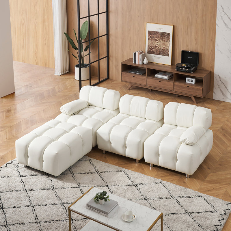Canapé capitonné capitonné, H 27,56 po x l 90,6 po x P 33,5 po, Cuir blanc