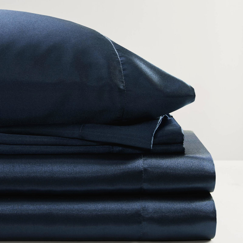 2 taies d'oreiller standard de luxe 100% satin bleu nuit, froissées, douces pour la peau, texture lisse boulochage, à bout ouvert, frisottis apprivoisés