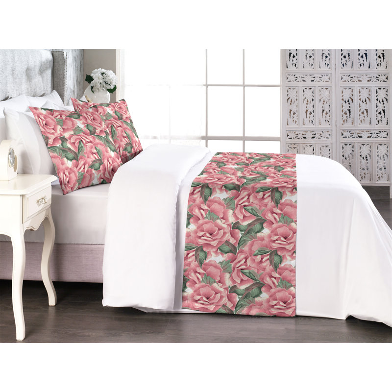 Ambesonne English Garden Bed Runner Set Romantic Print Rose  Pastel Pink Reseda Green, King