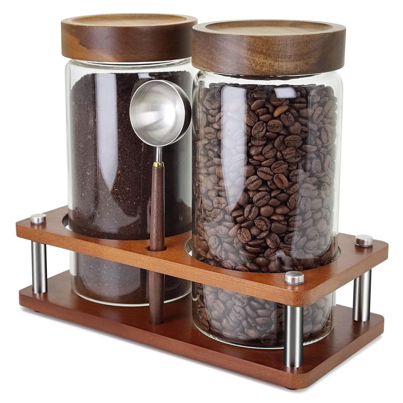 Glass Coffee Grounds Container With Shelf, 2 × 45 Oz Glass Coffee Canisters With Airtight Thread Lid, Glass Storage Jars With Stainless Steel Spoon For Coffee Bean, Sugar,Nut